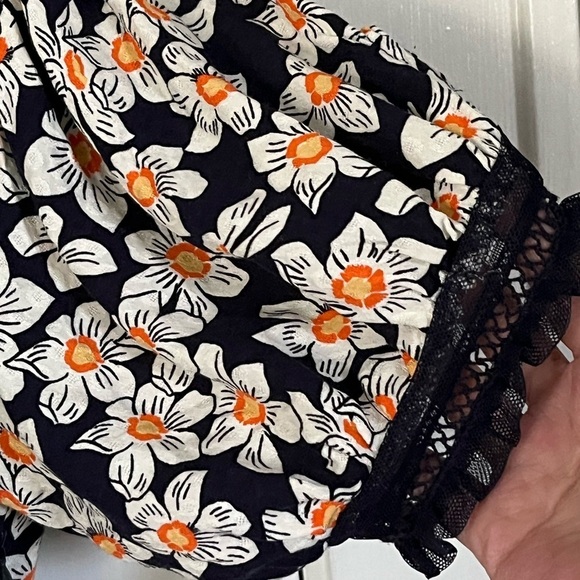 Free People Navy Floral Daisy Lace Collared Short Puffed Sleeve Mini Dress XS - Picture 5 of 15